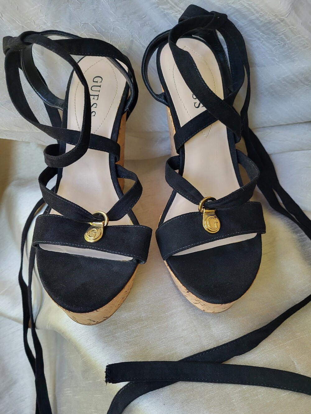 Guess Black Faux Velvet Cork Wedge Sandals Size 8M